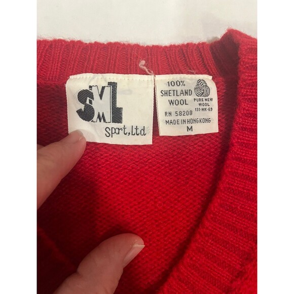 Vintage Childs Wool Sweater Red V- Neck Cable Knit 90s Winter Retro Cozy Classic - Picture 2 of 7